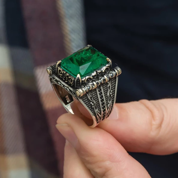 Kare Yeşil Paraiba Taşlı 925 Gümüş Erkek Yüzük - 8