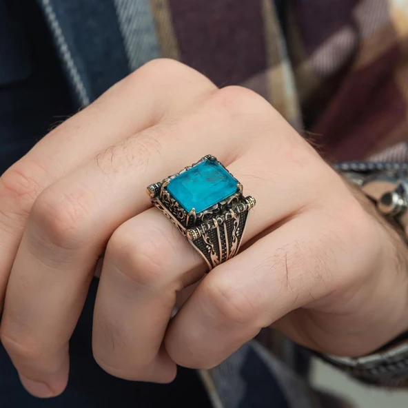 Kare Mavi Paraiba Taşlı 925 Gümüş Erkek Yüzük - 5