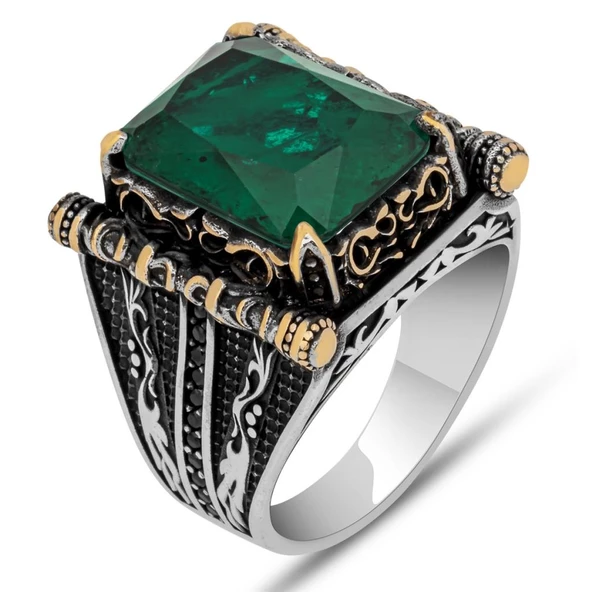 Kare Yeşil Paraiba Taşlı 925 Gümüş Erkek Yüzük - 3