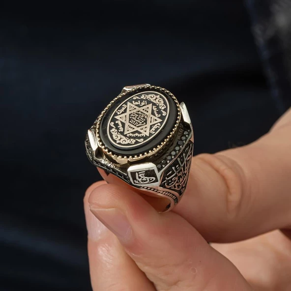 Mührü Süleyman İşleme Oniks Taşlı 925 Gümüş Erkek Yüzük - 6