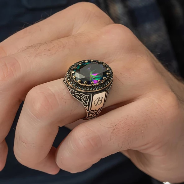 Oval Mistik Topaz Taşlı Harfli 925 Gümüş Erkek Yüzük - 7