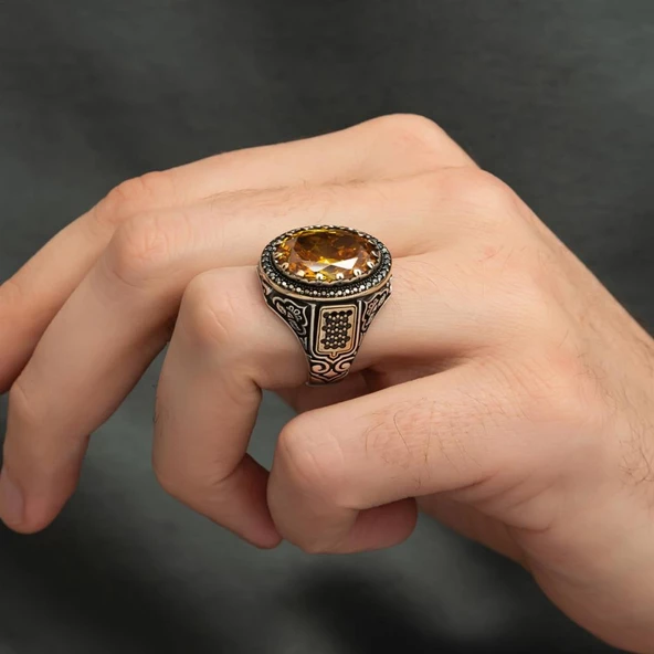 Sarı Sitrin Taşlı 925 Gümüş Erkek Yüzük - 5
