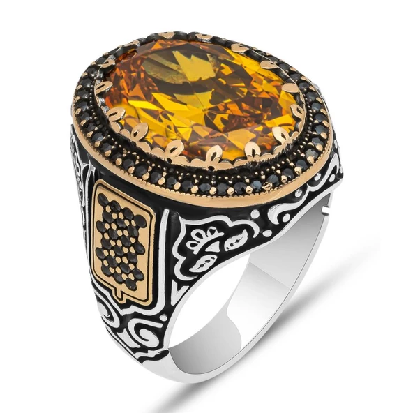 Sarı Sitrin Taşlı 925 Gümüş Erkek Yüzük - 10