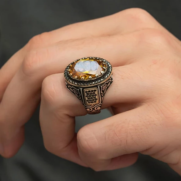 Sarı Sitrin Taşlı 925 Gümüş Erkek Yüzük - 7