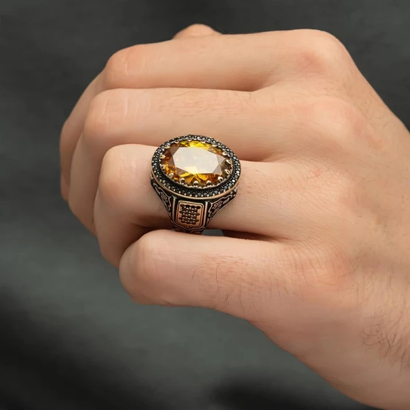 Sarı Sitrin Taşlı 925 Gümüş Erkek Yüzük - 3