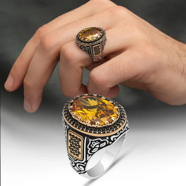 Sarı Sitrin Taşlı 925 Gümüş Erkek Yüzük