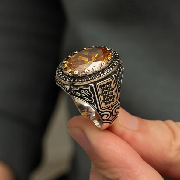 Sarı Sitrin Taşlı 925 Gümüş Erkek Yüzük - 12