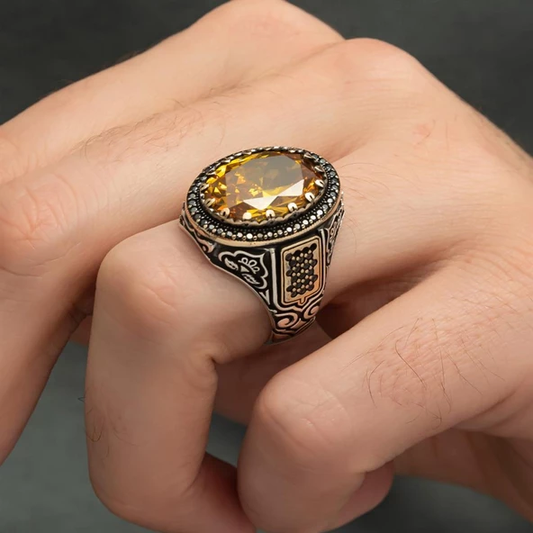 Sarı Sitrin Taşlı 925 Gümüş Erkek Yüzük - 6