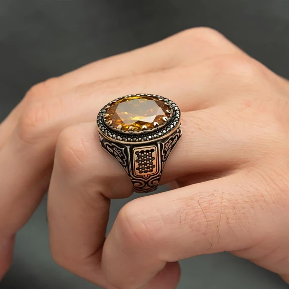 Sarı Sitrin Taşlı 925 Gümüş Erkek Yüzük - 8