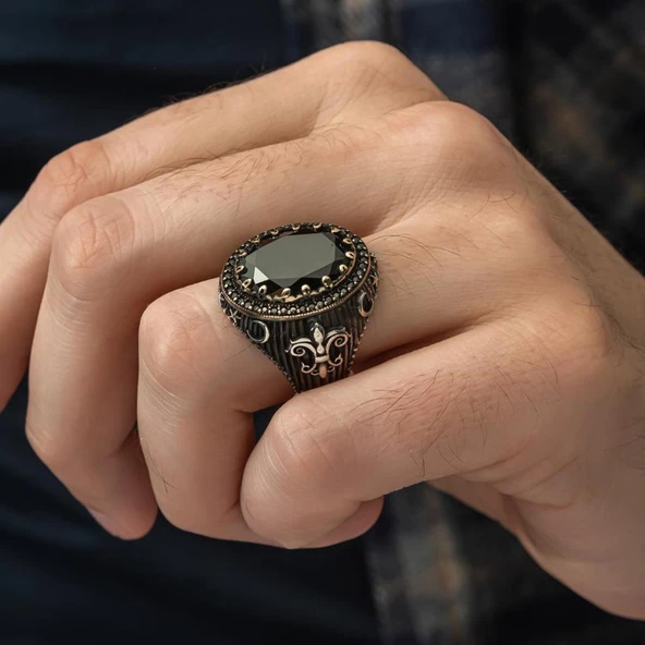 Siyah Taşlı Yeni Tasarım 925 Gümüş Erkek Yüzük - 5