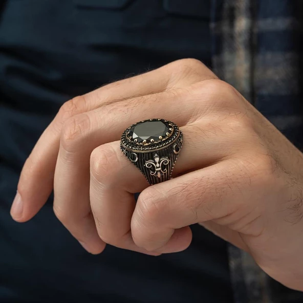 Siyah Taşlı Yeni Tasarım 925 Gümüş Erkek Yüzük - 4