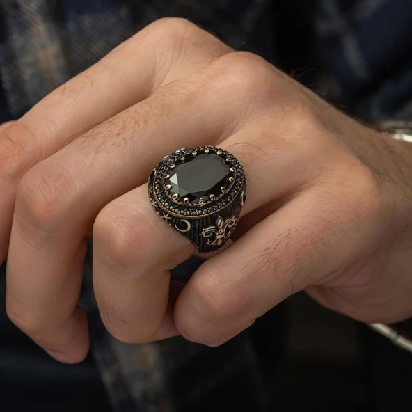 Siyah Taşlı Yeni Tasarım 925 Gümüş Erkek Yüzük - 3
