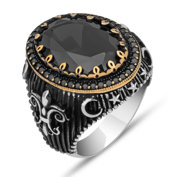 Siyah Taşlı Yeni Tasarım 925 Gümüş Erkek Yüzük - 2