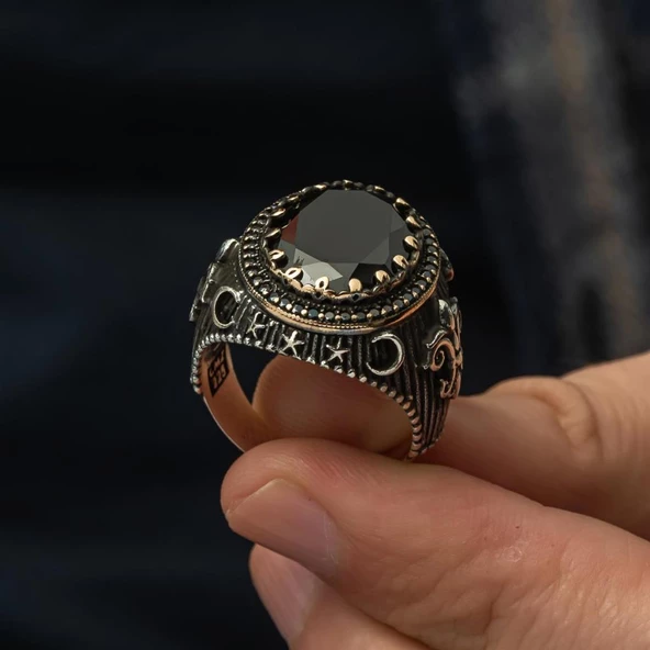 Siyah Taşlı Yeni Tasarım 925 Gümüş Erkek Yüzük - 7