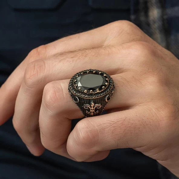 Siyah Taşlı Yeni Tasarım 925 Gümüş Erkek Yüzük - 6