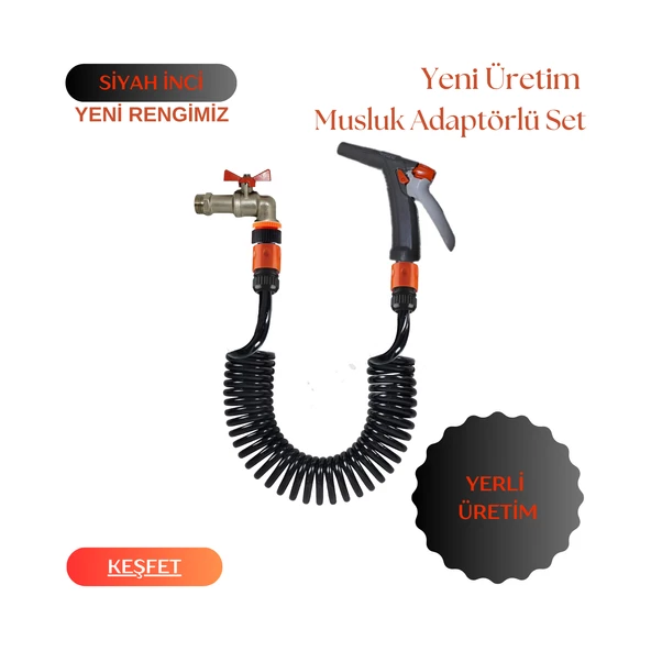 Plasyay Spiral Yıkama Sulama Hortumu Kelepçe Adaptörlü ve Yeni Fiskiye Başlıklı Setler