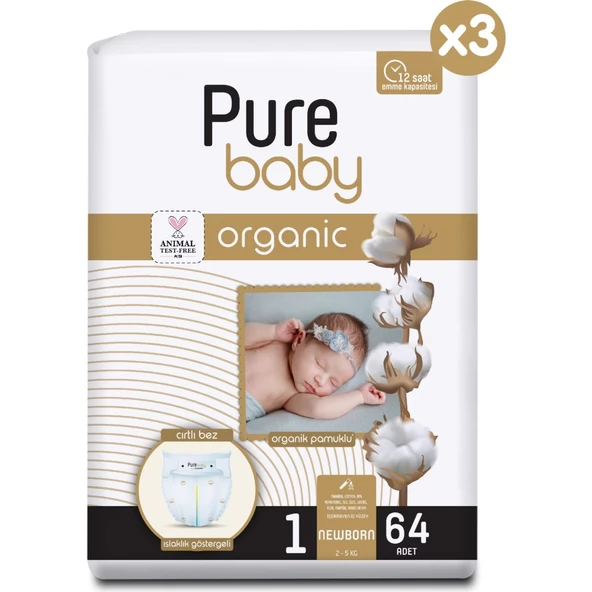 Pure Baby Organik Pamuklu Cırtlı Bez Tekli Paket 1 Numara Yenidogan 64 Adet - 2