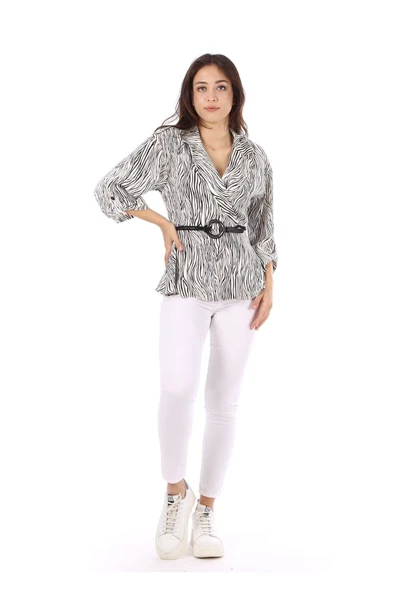 Modatalika Kadın Kruvaze Yaka Kemerli Bluz - Resim 8