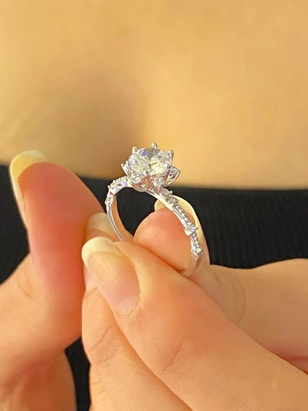 Lotus Swarovski Taş Üst Kalite Çok Şık Beyaz Altın Yüzük 14 Ayar - 4