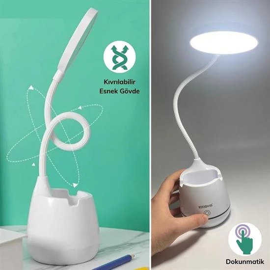 BUFFER®Kalemlikli Telefon Tutacaklı Şarjlı Dokunmatik 3 Mod Esnek Başlıklı Dimmerli LED Masa Lambası - 3