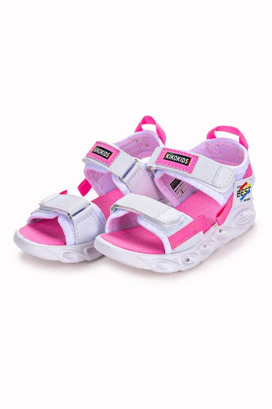 Kiko Kids 100 Işıklı Kız/Erkek Çocuk Cırtlı Sandalet Ayakkabı 100 Beyaz - Pembe - 3