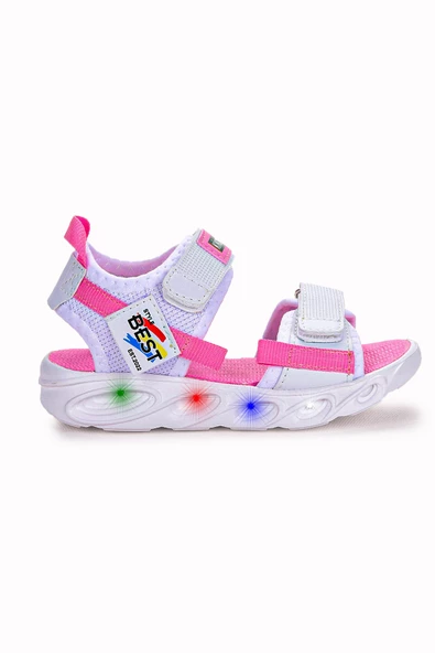 Kiko Kids 100 Işıklı Kız/Erkek Çocuk Cırtlı Sandalet Ayakkabı 100 Beyaz - Pembe