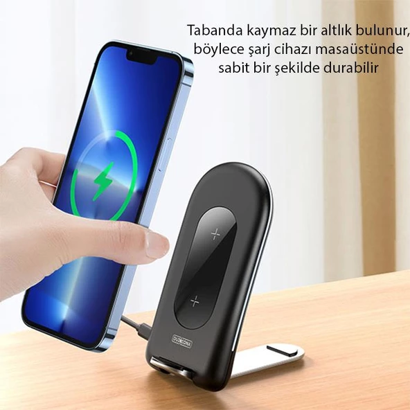 Polham 15W Kaydırmaz Dikey ve Yatay Kullanımlı Standlı Kablosuz Şarj Aleti, Akım Korumalı Isınmaz - 4