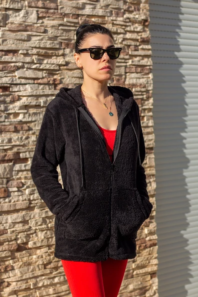 Kadın Siyah Peluş Kalın Fermuarlı Kapüşonlu Cepli Ceket 23KCKTMY50 - 7