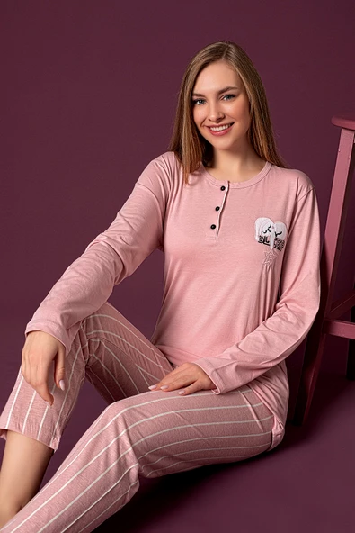Nisanca Mevsimlik Uzun Kollu %100 Pamuk Kadın Pijama Takımı- Desenli Kadın Pijama - 5