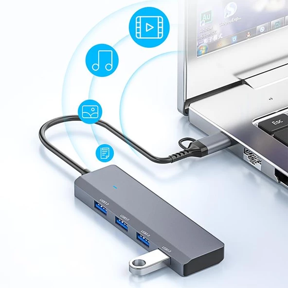 Polham 4in1 Type C ve USB To 4X USB 3.0 Çoğaltıcı Adaptör HUB, Yüksek Voltaj ve Akım Korumalı HUB - 2