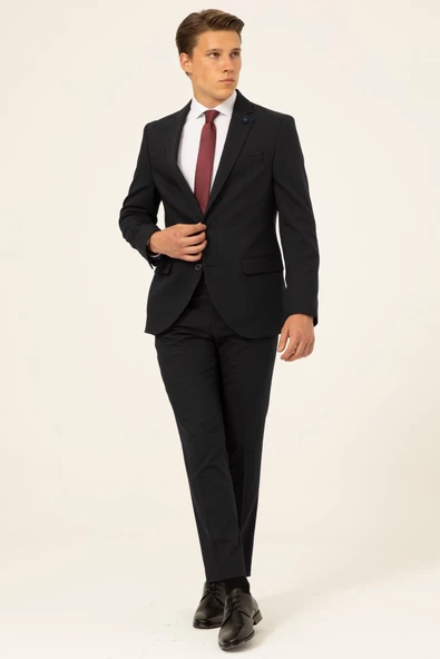 Slim Kalıp Armürlü Lacivert Takım Elbise - 4