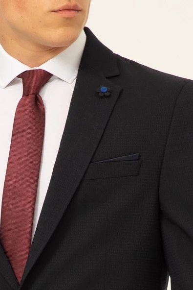 Slim Kalıp Armürlü Lacivert Takım Elbise - 3