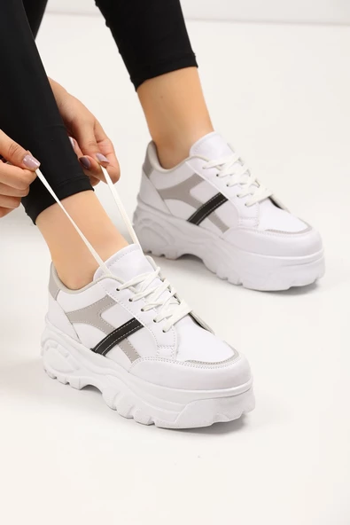 Nstil Günlük Kadın Sneaker Kalın Yüksek Taban Bağcıklı Rahat Tiger Şeritli Spor Ayakkabı Z032 - 2