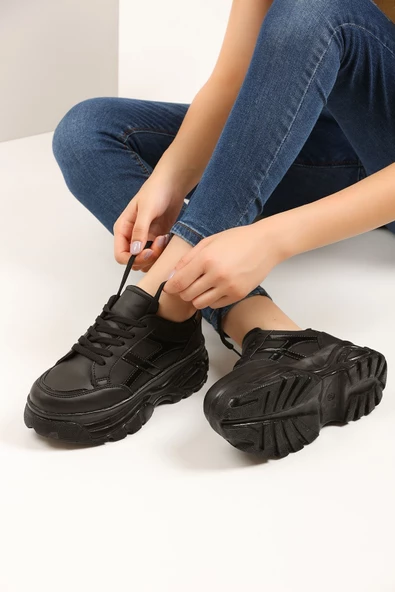 Nstil Günlük Kadın Sneaker Kalın Yüksek Taban Bağcıklı Rahat Tiger Şeritli Spor Ayakkabı Z032 - 11