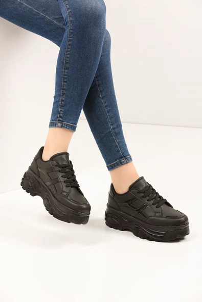 Nstil Günlük Kadın Sneaker Kalın Yüksek Taban Bağcıklı Rahat Tiger Şeritli Spor Ayakkabı Z032 - 6