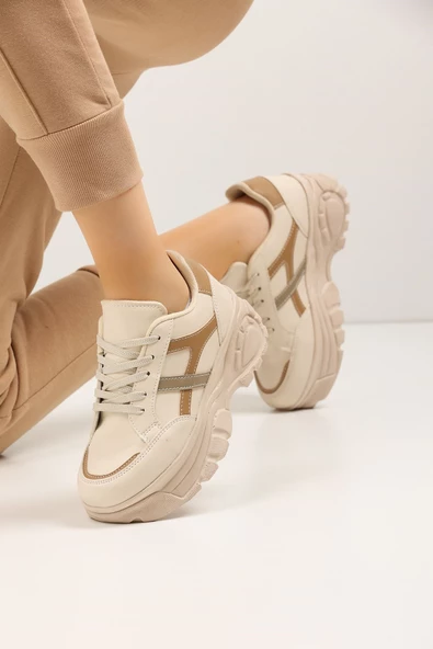 Nstil Günlük Kadın Sneaker Kalın Yüksek Taban Bağcıklı Rahat Tiger Şeritli Spor Ayakkabı Z032 - 7