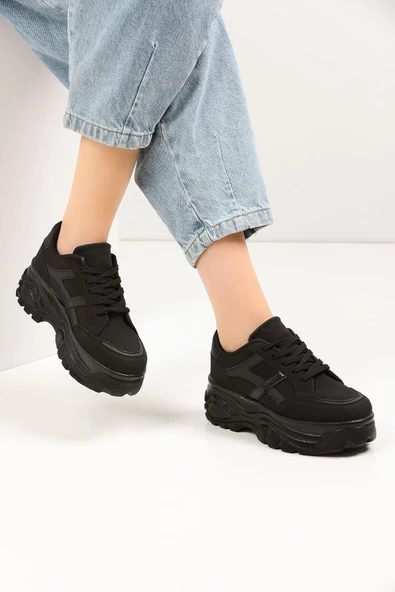 Nstil Günlük Kadın Sneaker Kalın Yüksek Taban Bağcıklı Rahat Tiger Şeritli Spor Ayakkabı Z032 - 3