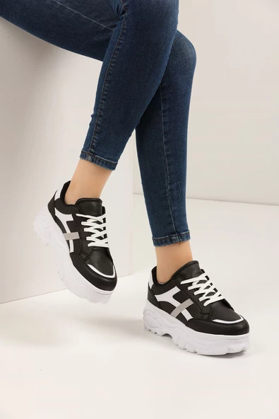 Nstil Günlük Kadın Sneaker Kalın Yüksek Taban Bağcıklı Rahat Tiger Şeritli Spor Ayakkabı Z032 - 10