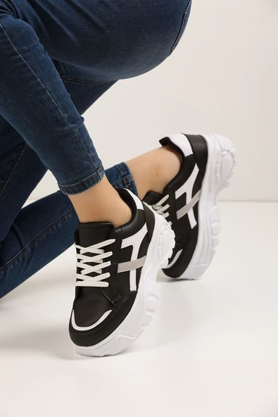 Nstil Günlük Kadın Sneaker Kalın Yüksek Taban Bağcıklı Rahat Tiger Şeritli Spor Ayakkabı Z032 - 4