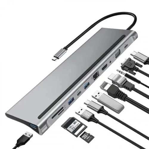 Polham 87W 11in1 Type C Çevirici Çoğaltıcı HUB, 2x Type C, 1x VGA, 1x HDMİ, 1x RJ45, 3x USB,1x SD/TF - 2