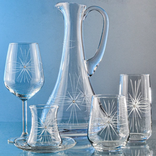 Decocia Kazaan 61 Parça  12 Kişilik  Bardak Çeyiz Seti Dik Karaflı Mira Desenli - Resim 2