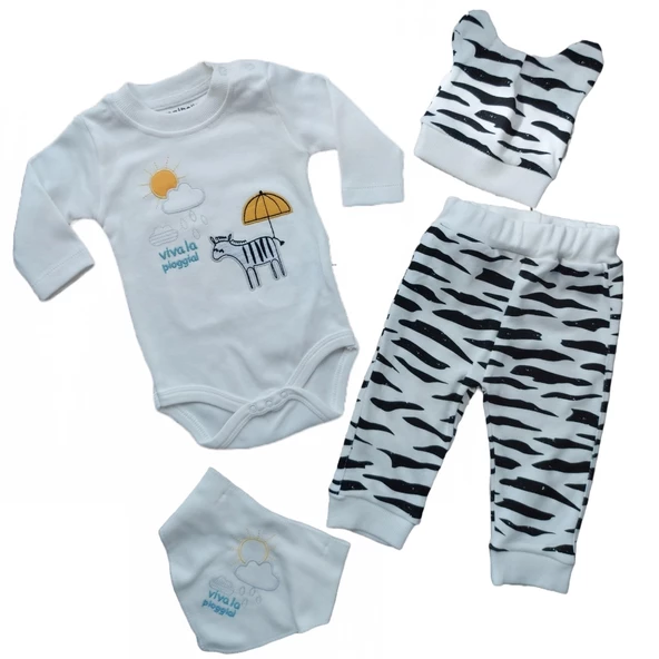 Jolbaby Zebra Desenli 4'lü Unisex Bebek Alt Üst Takım Set