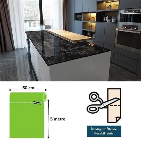 BUFFER® Mermer Desenli Masa Tezgah Mutfak Su Geçirmez Yapışkanlı Folyo Sticker Siyah 5x0,6m - 6
