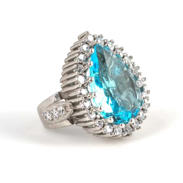 925 Ayar Gümüş Damla Akuamarin Anturaj Yüzük - Resim 2