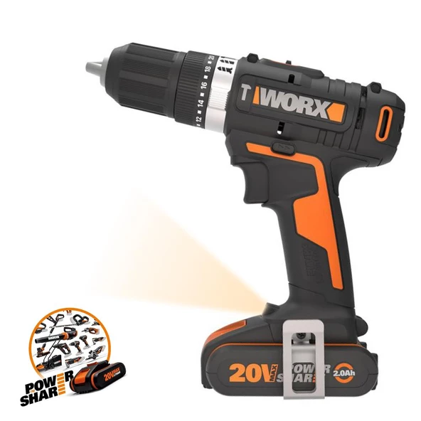 Worx Wx370.1 20Volt/2.0Ah. Li-İon Çift Akülü Profesyonel Şarjlı Darbeli Matkap - 2