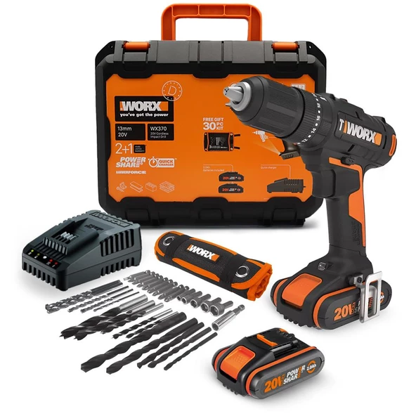 Worx Wx370 20Volt/2Ah. Li-İon Çift Akülü Profesyonel Şarjlı Darbeli Matkap + 30 Parça Aksesuar Seti