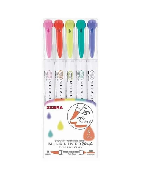 Zebra Mildliner Fırça Uçlu Fosforlu Kalem 5li WFT8 5CHC