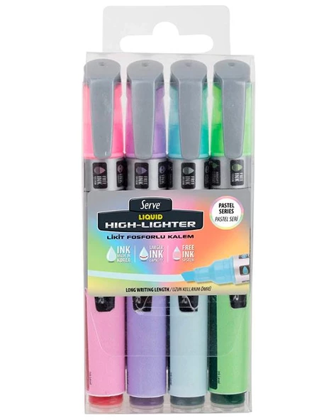 Serve Likit Pastel 4 Renk Fosforlu Kalem Model 1