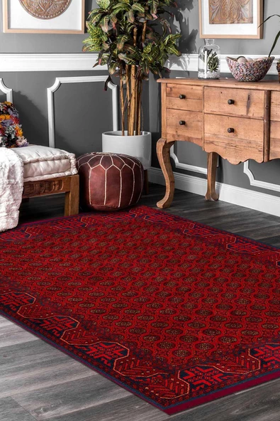 Bordo Afgan Desenli Pamuk Taban Dijital Baskılı Halı  KIRMIZI 200X290