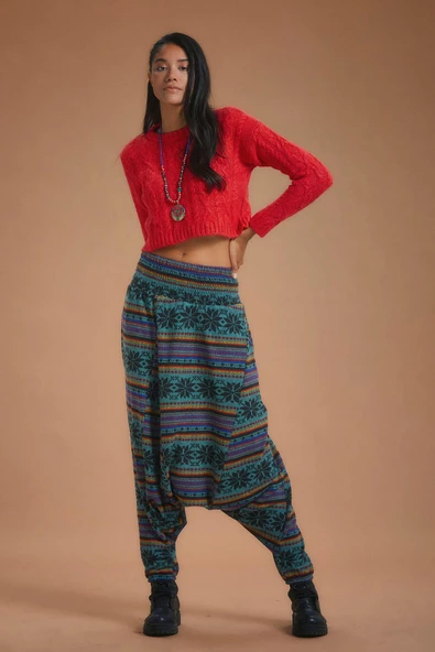 Gipe Bel Detaylı Kışlık Kadın Petrol Desenli Şalvar Pantolon - 3